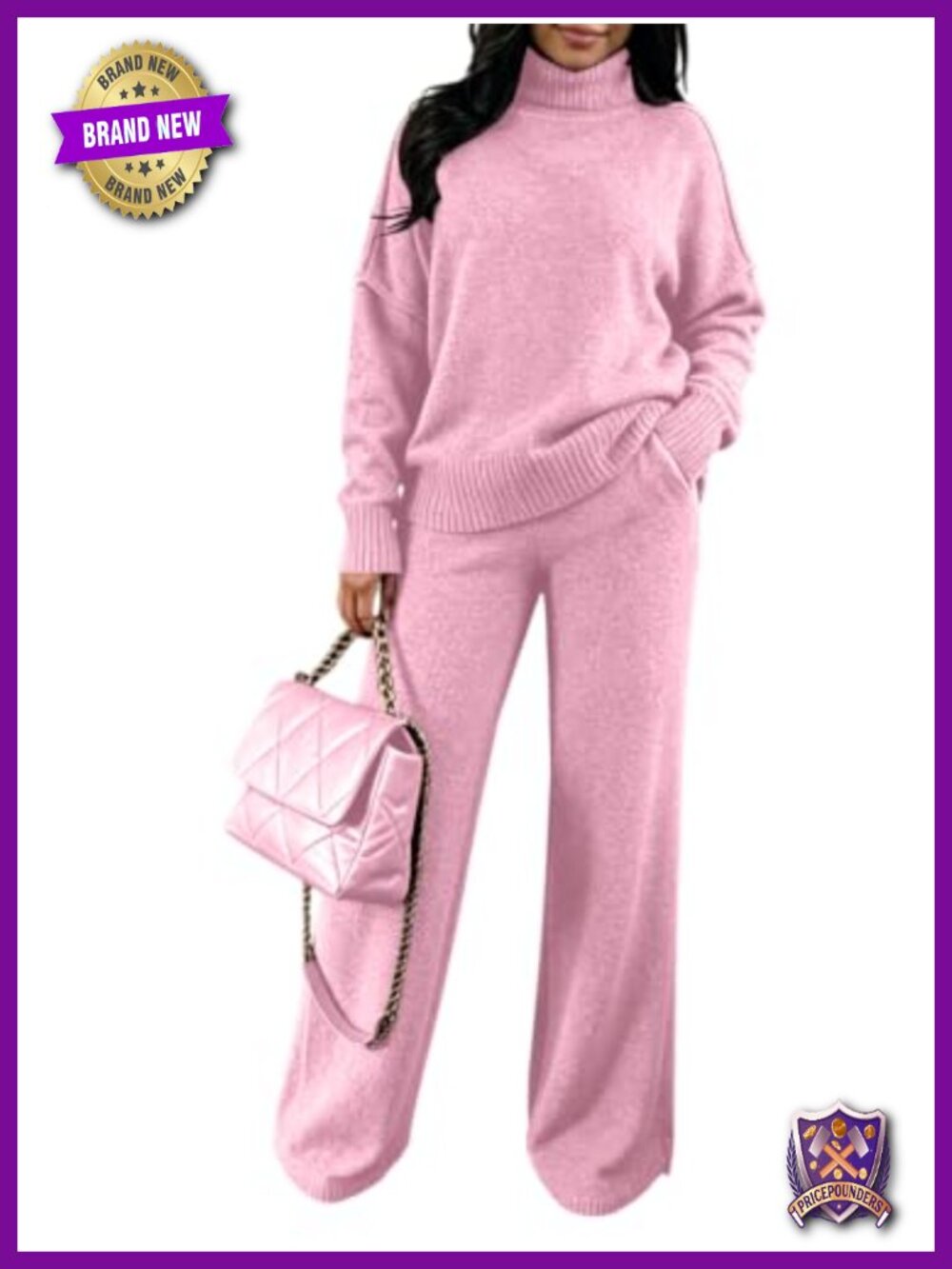 Wool Blend Ribbed Knit Turtleneck Sweater and Wide Leg Pants Set